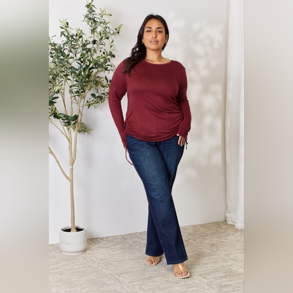 Culture Code Full Size Drawstring Round Neck Long Sleeve Wine Top - Picture 11 of 12